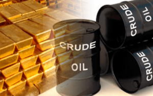 crude oil barrels and gold bars